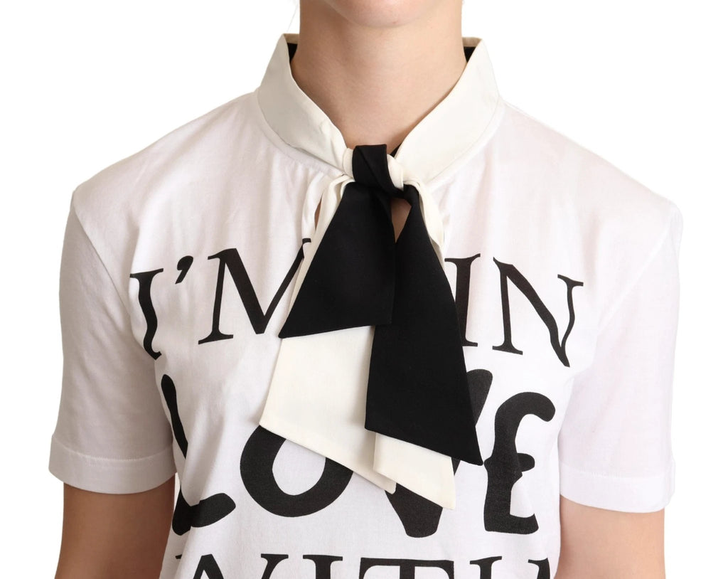 Dolce & Gabbana White Cotton Silk Blend Ascot Collar T-shirt by Dolce & Gabbana