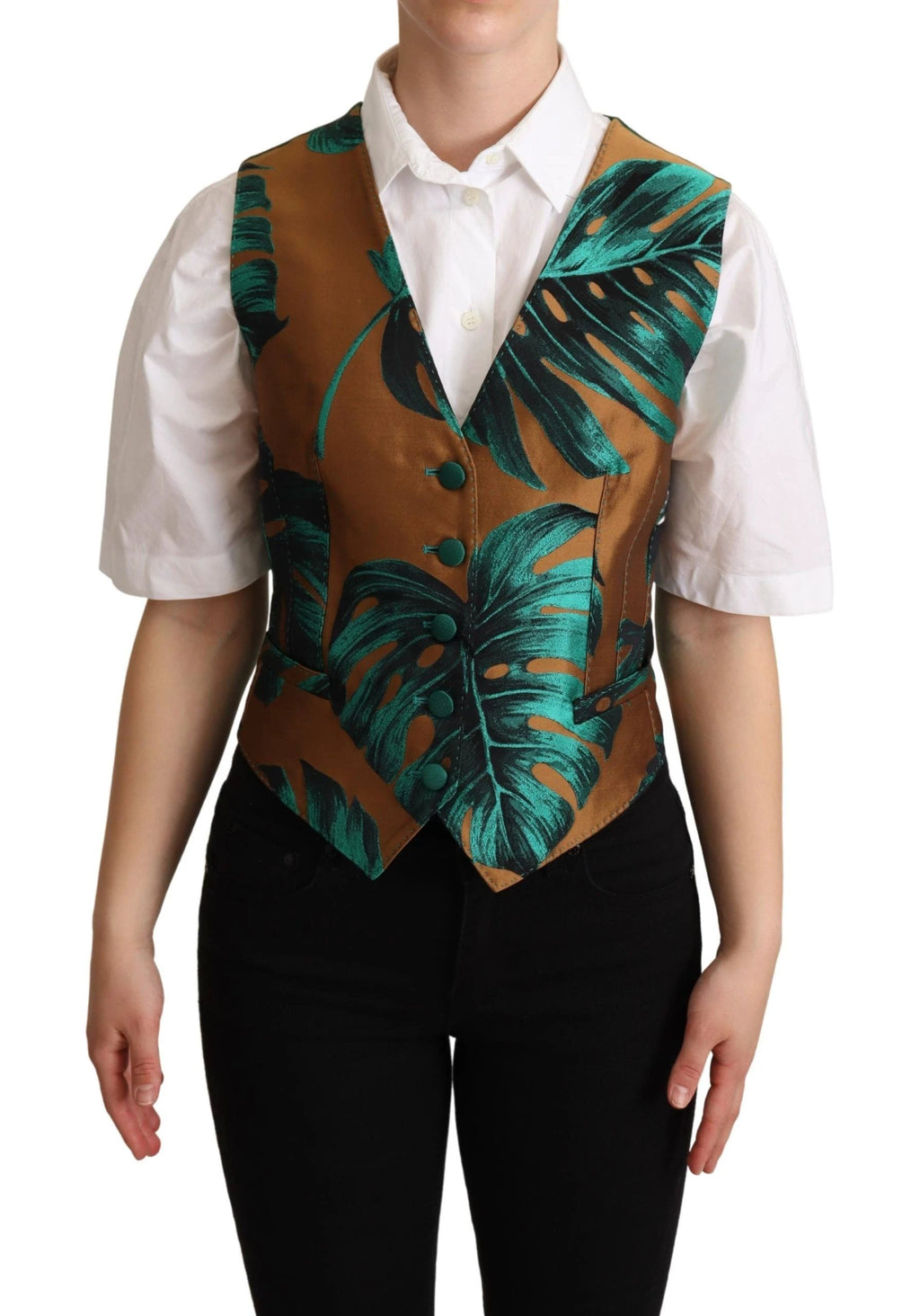 Dolce & Gabbana Green Jacquard Leaf Gold Waistcoat Vest by Dolce & Gabbana