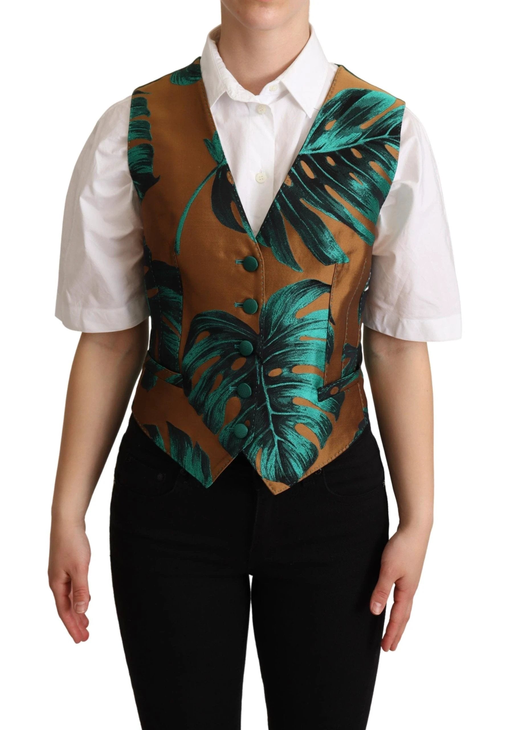 Dolce & Gabbana Green Jacquard Leaf Gold Waistcoat Vest by Dolce & Gabbana