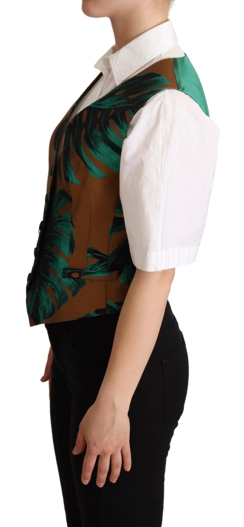 Dolce & Gabbana Green Jacquard Leaf Gold Waistcoat Vest by Dolce & Gabbana