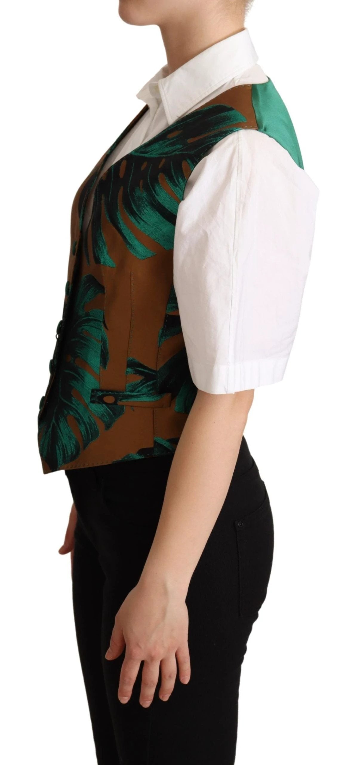 Dolce & Gabbana Green Jacquard Leaf Gold Waistcoat Vest by Dolce & Gabbana