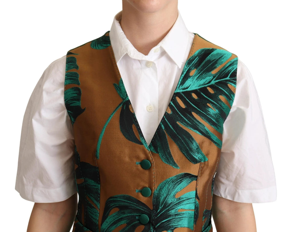 Dolce & Gabbana Green Jacquard Leaf Gold Waistcoat Vest by Dolce & Gabbana