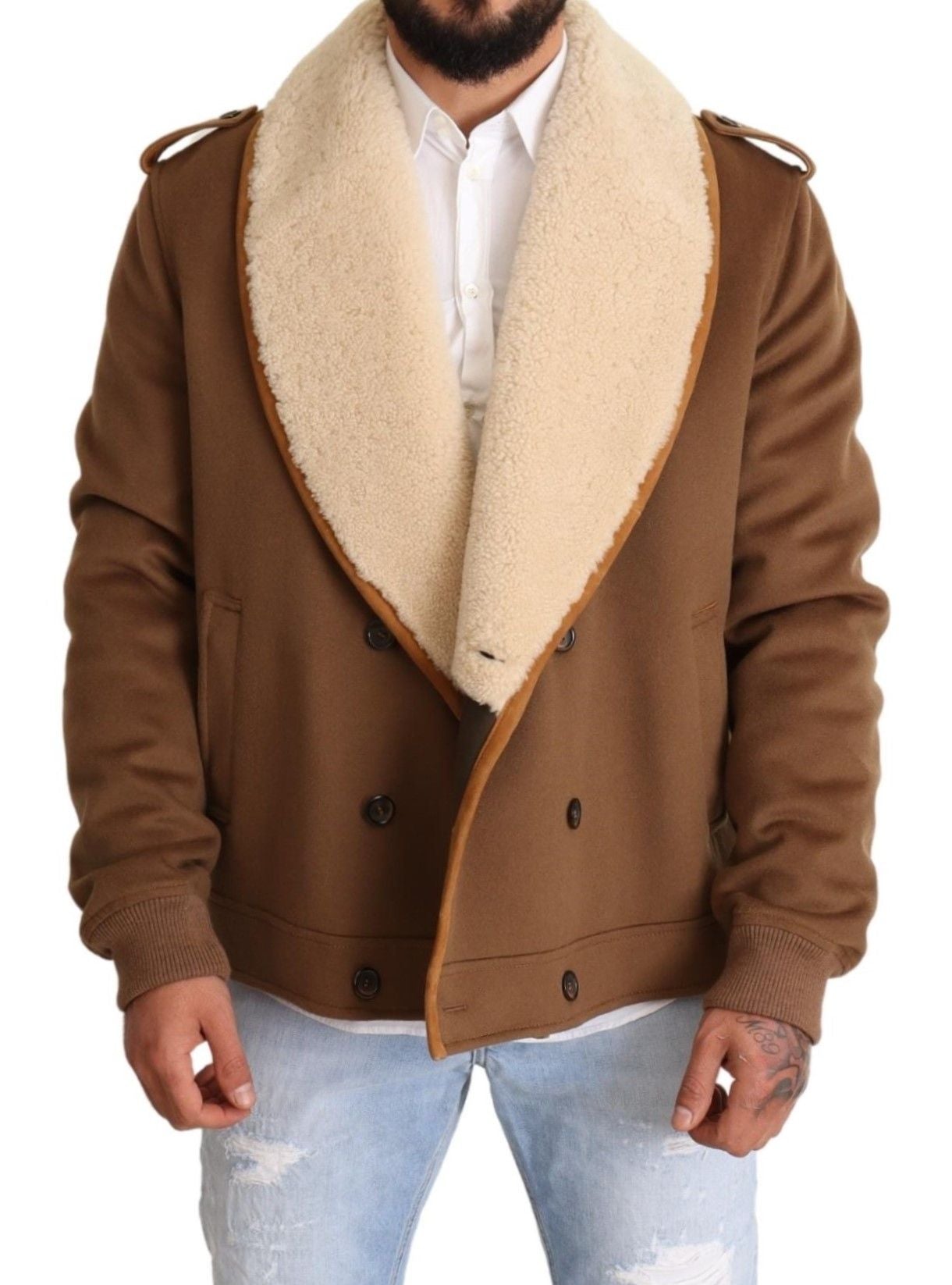 Dolce & Gabbana Brown Double Breasted Shearling Coat Jacket by Dolce & Gabbana
