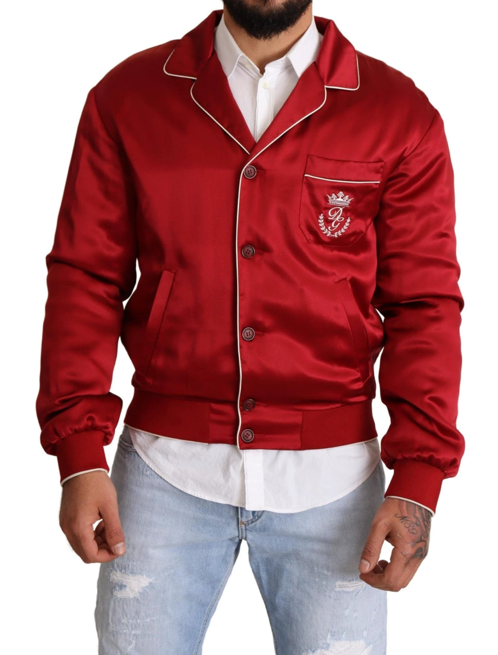 Dolce & Gabbana Red Silk Button DG Logo Bomber Jacket by Dolce & Gabbana