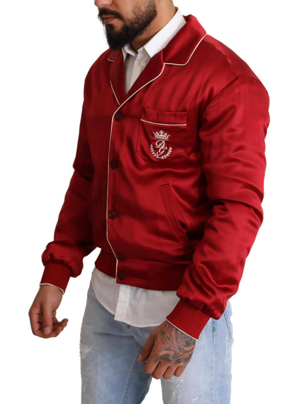 Dolce & Gabbana Red Silk Button DG Logo Bomber Jacket by Dolce & Gabbana