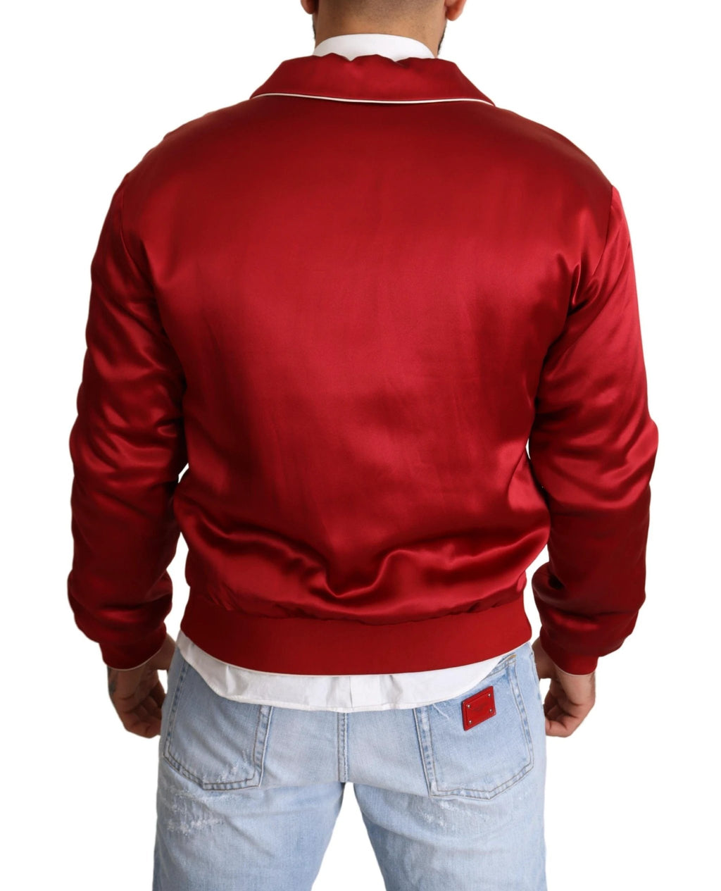 Dolce & Gabbana Red Silk Button DG Logo Bomber Jacket by Dolce & Gabbana