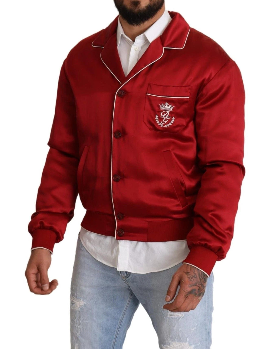 Dolce & Gabbana Red Silk Button DG Logo Bomber Jacket by Dolce & Gabbana
