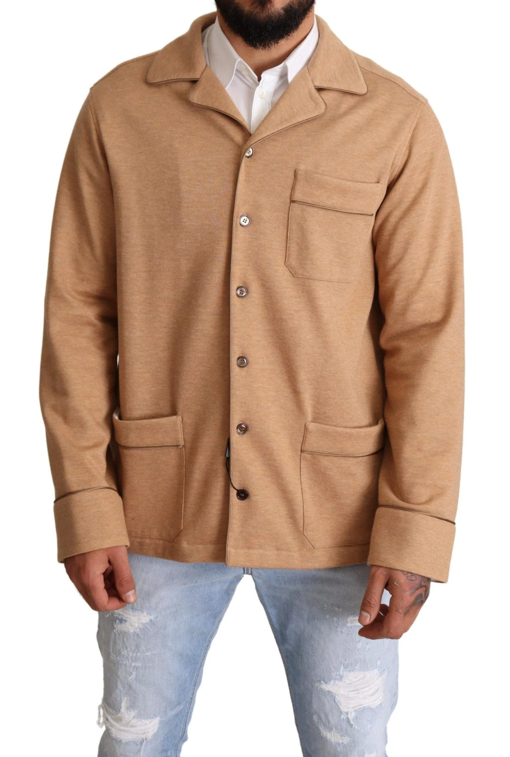 Dolce & Gabbana Brown Cotton Button Collared Coat Jacket by Dolce & Gabbana