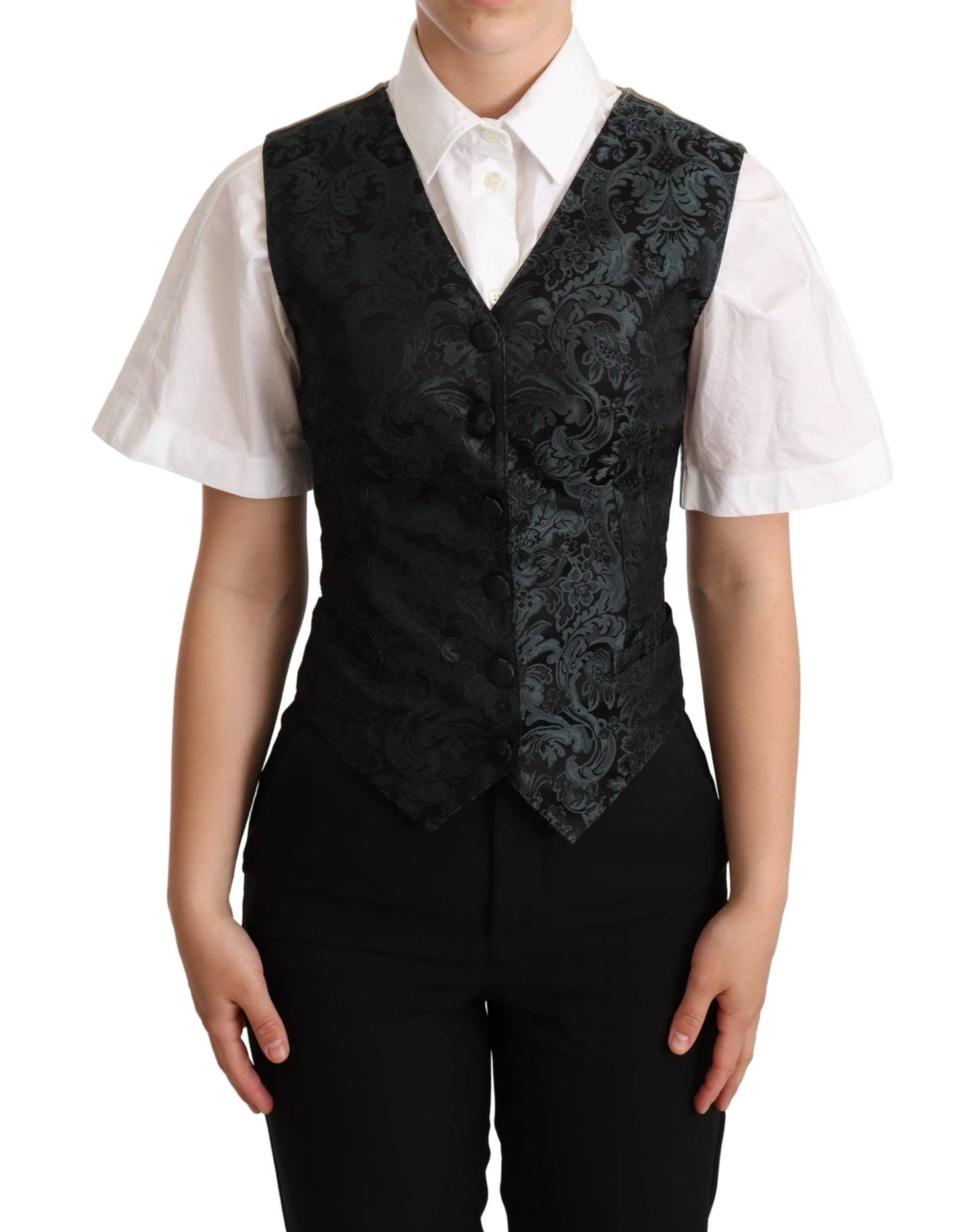 Dolce & Gabbana Black Jacquard Floral Waistcoat Vest Green by Dolce & Gabbana