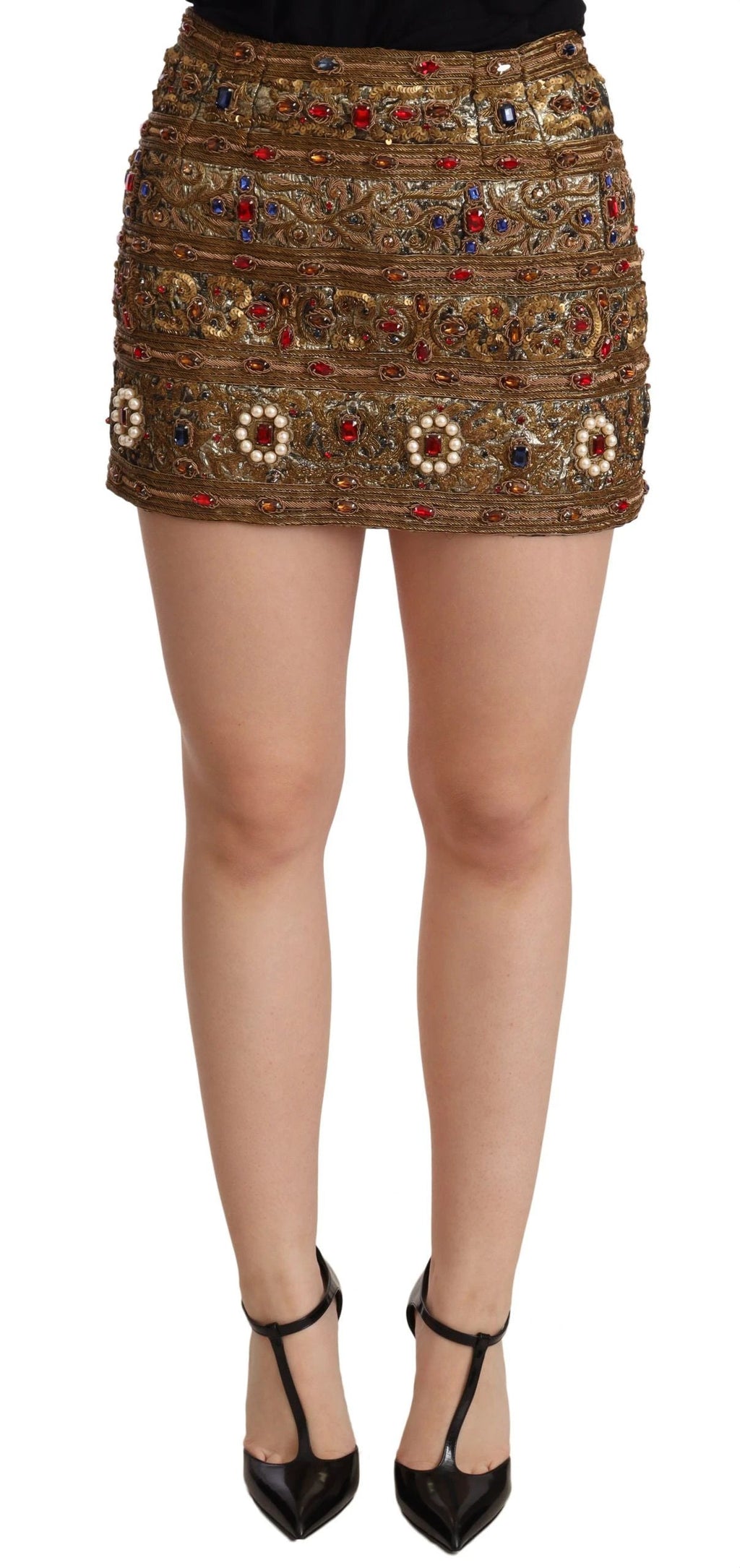 Dolce & Gabbana Gold Crystal Jacquard High Waist Skirt by Dolce & Gabbana