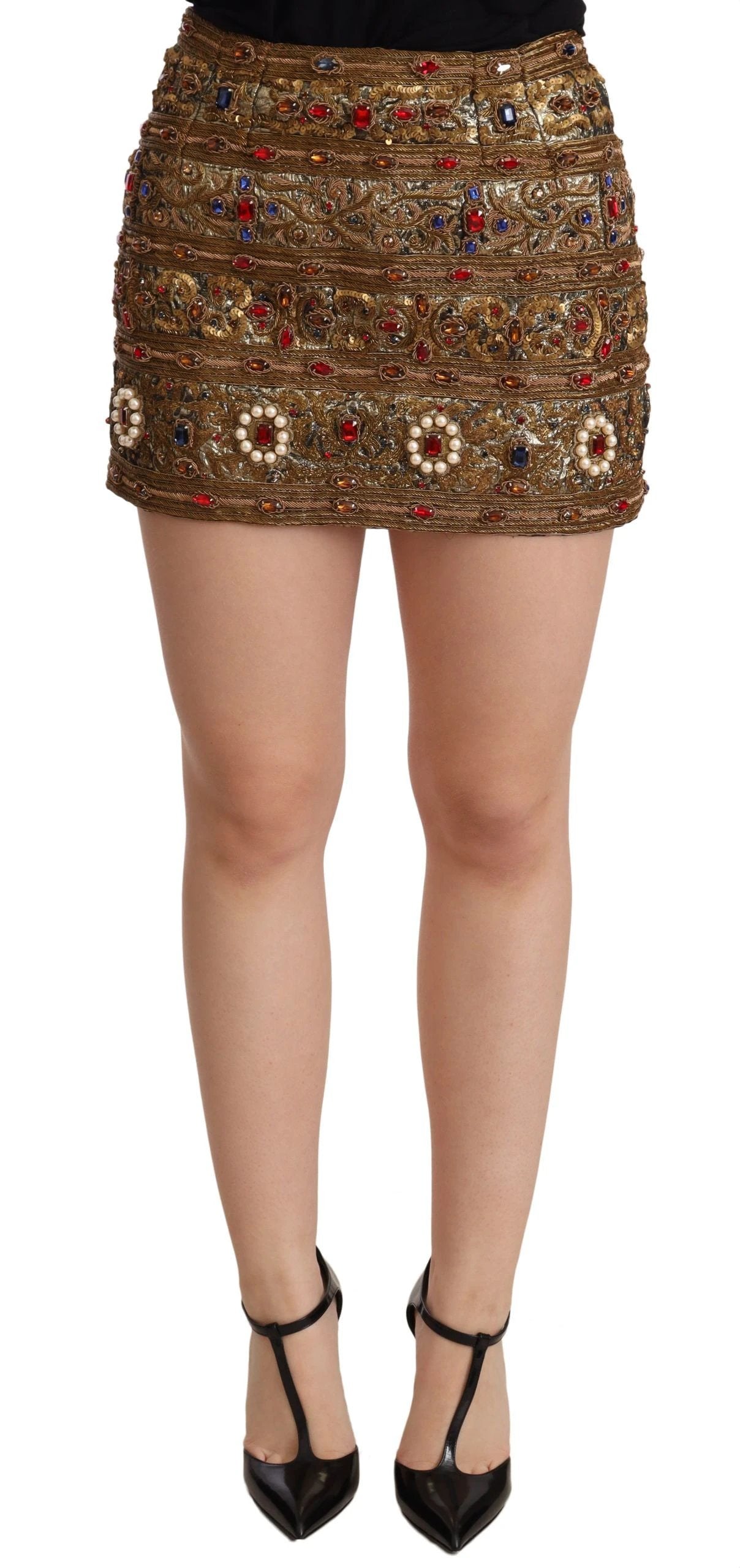 Dolce & Gabbana Gold Crystal Jacquard High Waist Skirt by Dolce & Gabbana