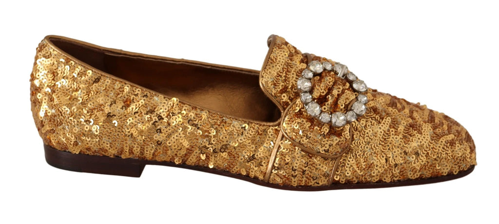 Dolce & Gabbana Gold Sequin Crystal Flat Women Loafers Shoes by Dolce & Gabbana