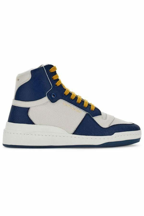 Saint Laurent Blue Calf Leather Mid Top Sneakers by Saint Laurent