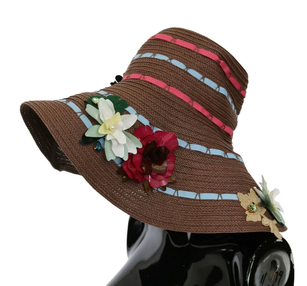 Dolce & Gabbana Brown Knitted Straw Floral Hat by Dolce & Gabbana