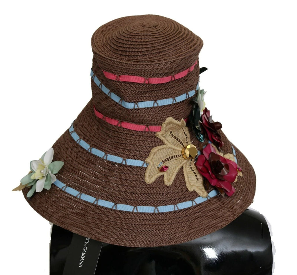 Dolce & Gabbana Brown Knitted Straw Floral Hat by Dolce & Gabbana