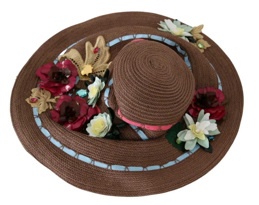 Dolce & Gabbana Brown Knitted Straw Floral Hat by Dolce & Gabbana