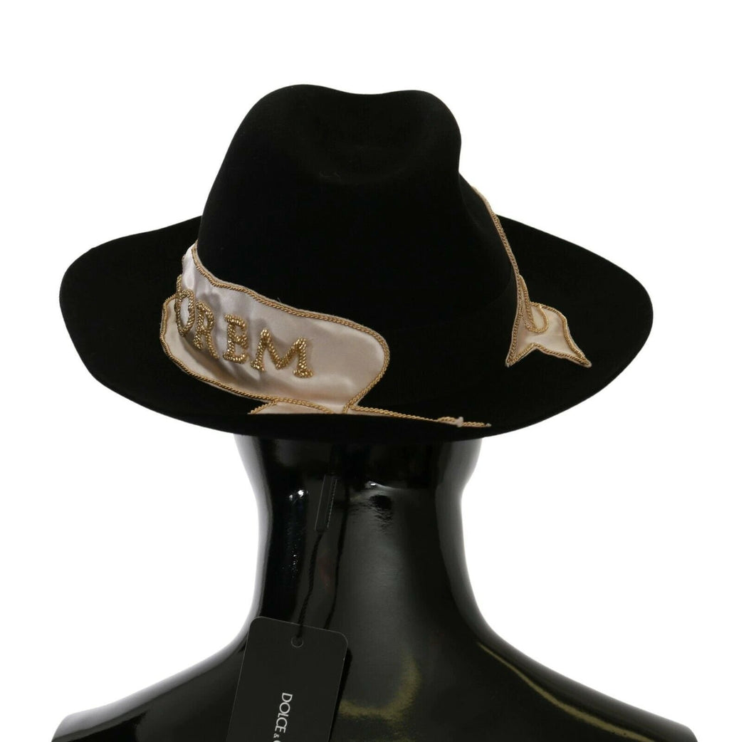 Dolce & Gabbana Black Lapin Amor Gignit Wide Brim Panama Hat by Dolce & Gabbana
