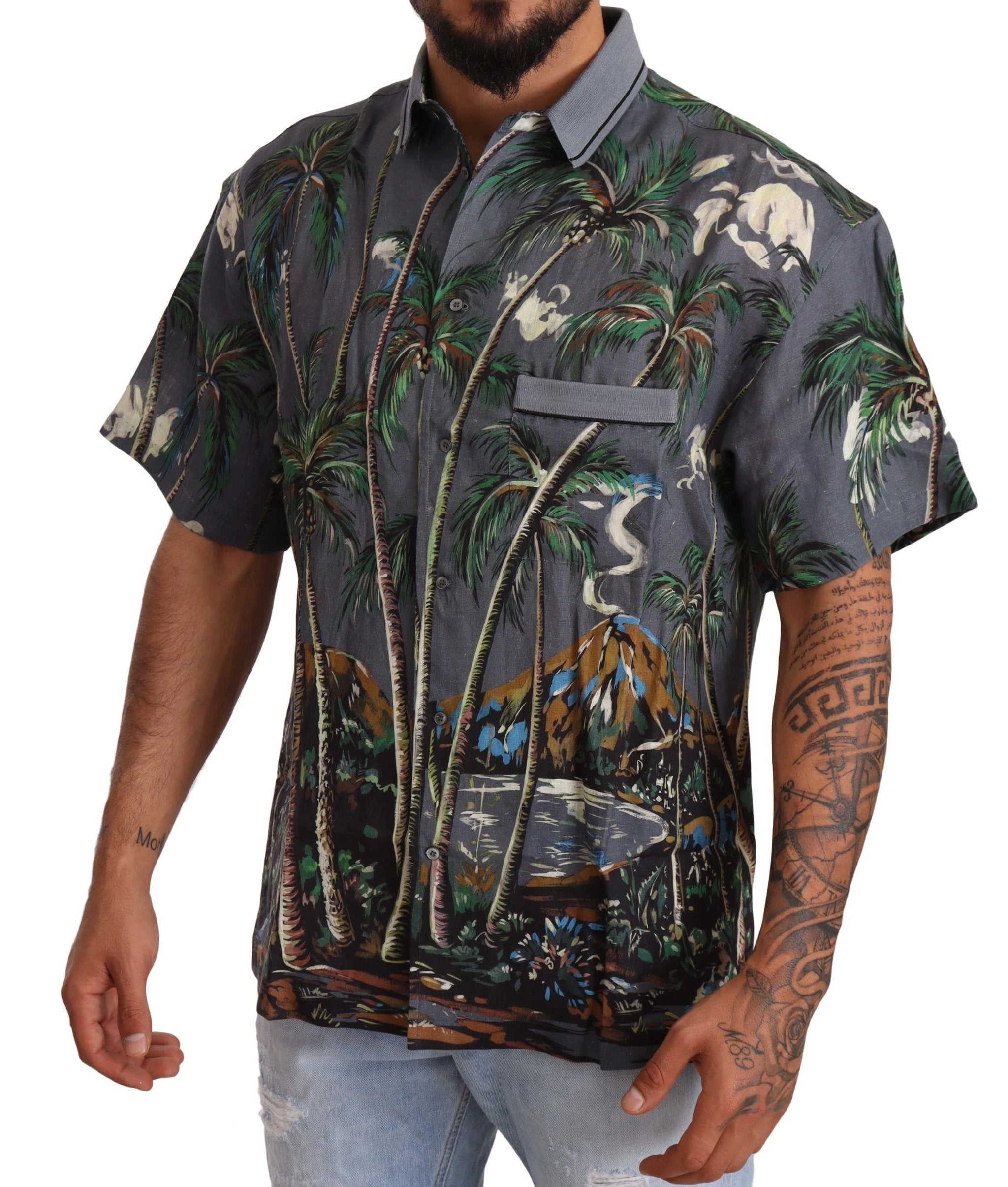 Dolce & Gabbana Gray Linen Tropical Print Collared Shirt by Dolce & Gabbana