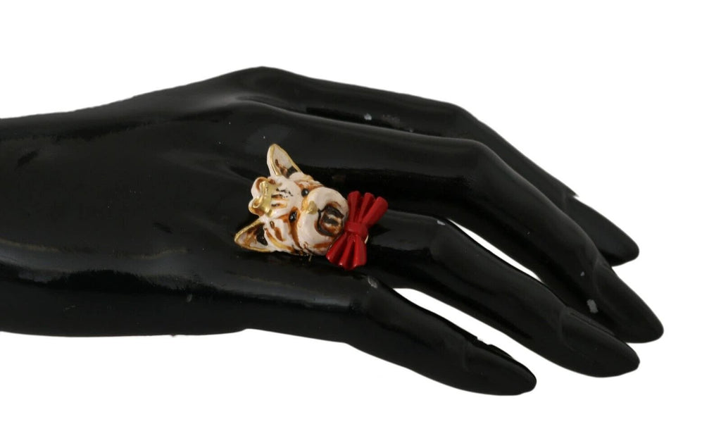 Dolce & Gabbana Beige Dog Pet Branded Accessory Gold Brass Resin Ring by Dolce & Gabbana