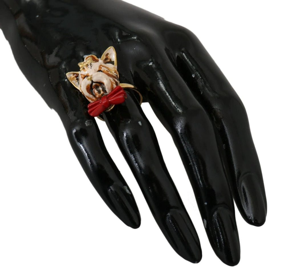 Dolce & Gabbana Beige Dog Pet Branded Accessory Gold Brass Resin Ring by Dolce & Gabbana