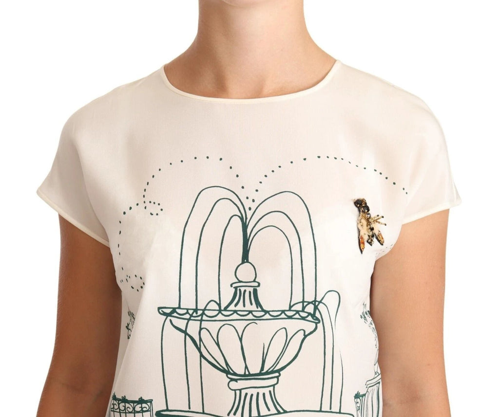 Dolce & Gabbana White Silk Garden Fountain T-Shirt Blouse by Dolce & Gabbana