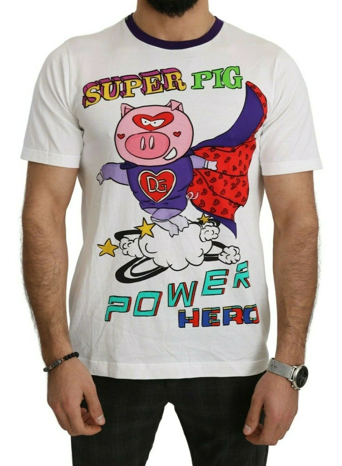 Dolce & Gabbana White Cotton Top Super Power Pig T-shirt by Dolce & Gabbana