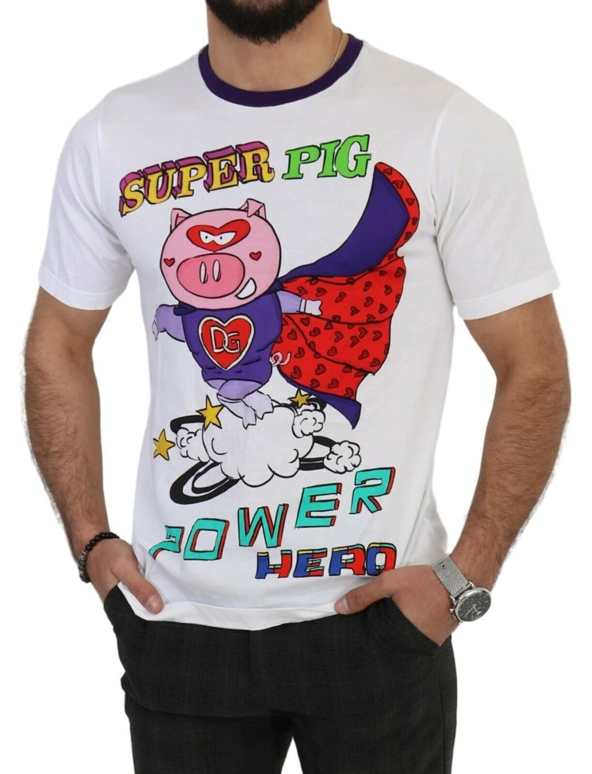Dolce & Gabbana White Cotton Top Super Power Pig T-shirt by Dolce & Gabbana