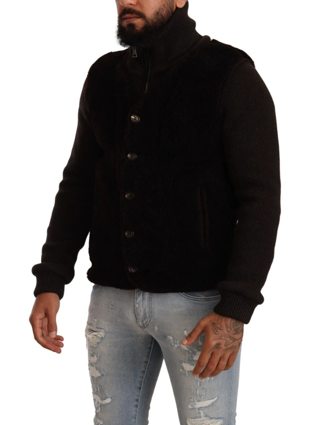 Dolce & Gabbana Black Leather Mens Turtle Neck Coat Jacket by Dolce & Gabbana