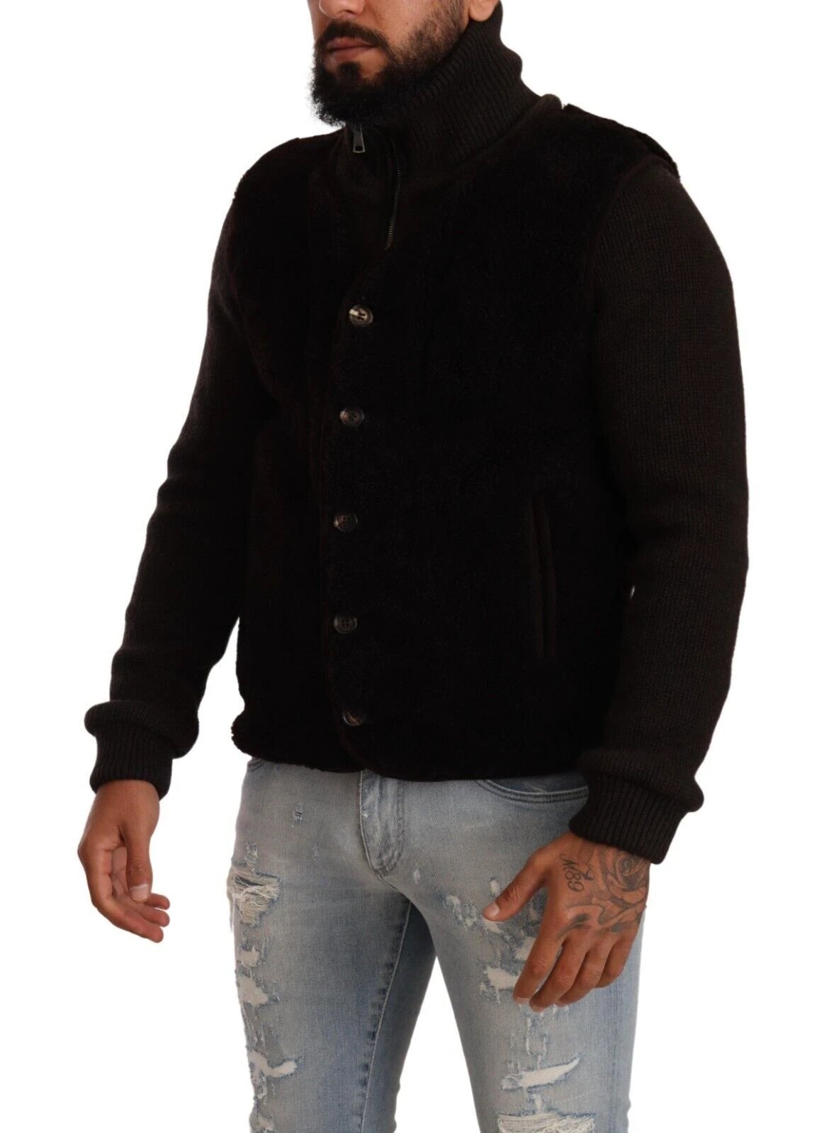 Dolce & Gabbana Black Leather Mens Turtle Neck Coat Jacket by Dolce & Gabbana