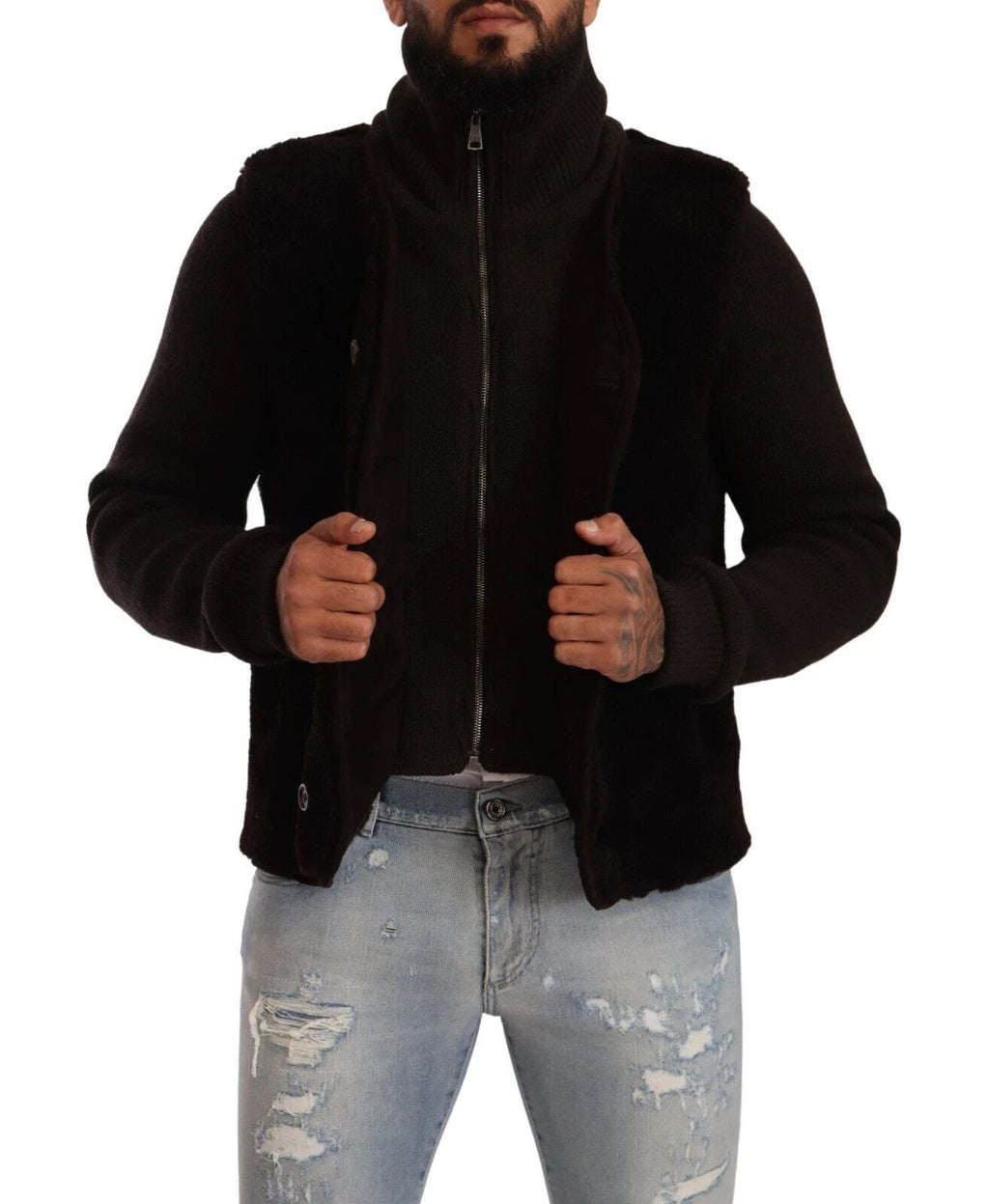 Dolce & Gabbana Black Leather Mens Turtle Neck Coat Jacket by Dolce & Gabbana