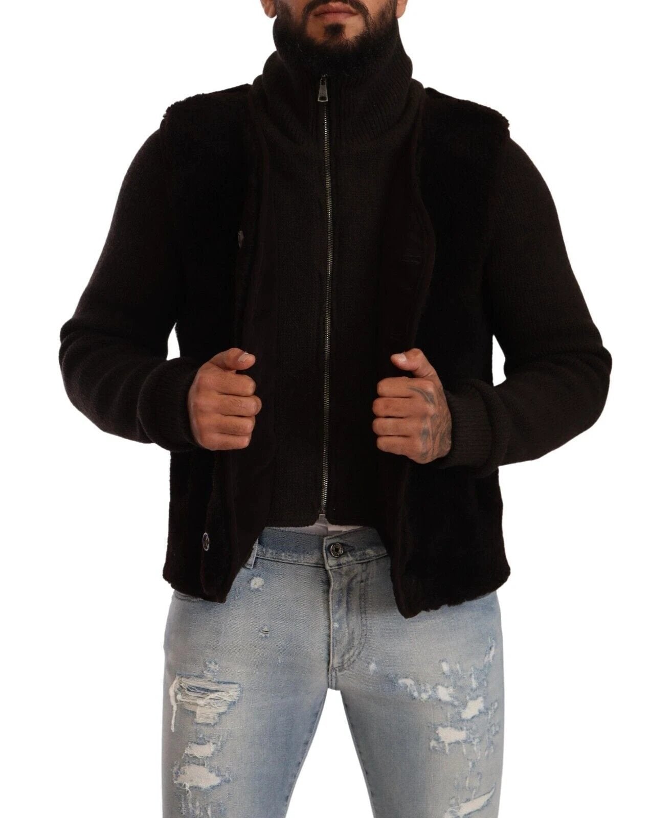 Dolce & Gabbana Black Leather Mens Turtle Neck Coat Jacket by Dolce & Gabbana