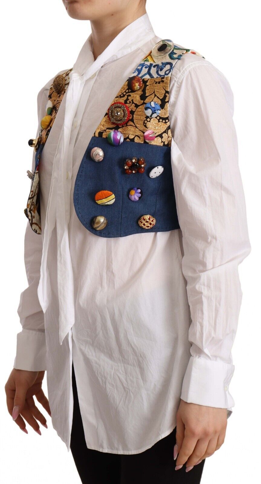 Dolce & Gabbana Multicolor Embellished Waist Coat Cotton Top by Dolce & Gabbana