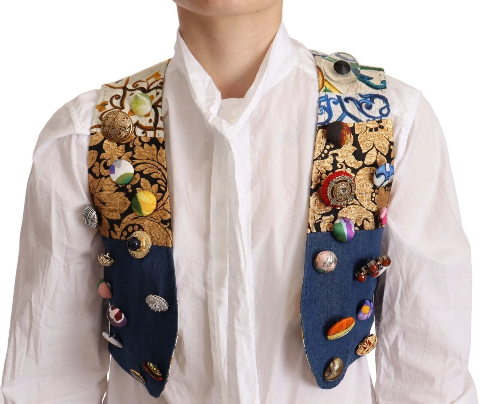 Dolce & Gabbana Multicolor Embellished Waist Coat Cotton Top by Dolce & Gabbana