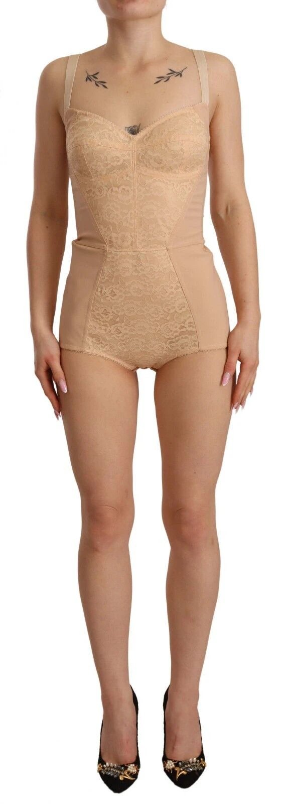 Dolce & Gabbana Beige Nylon Floral Lace Bodysuit Underwear by Dolce & Gabbana