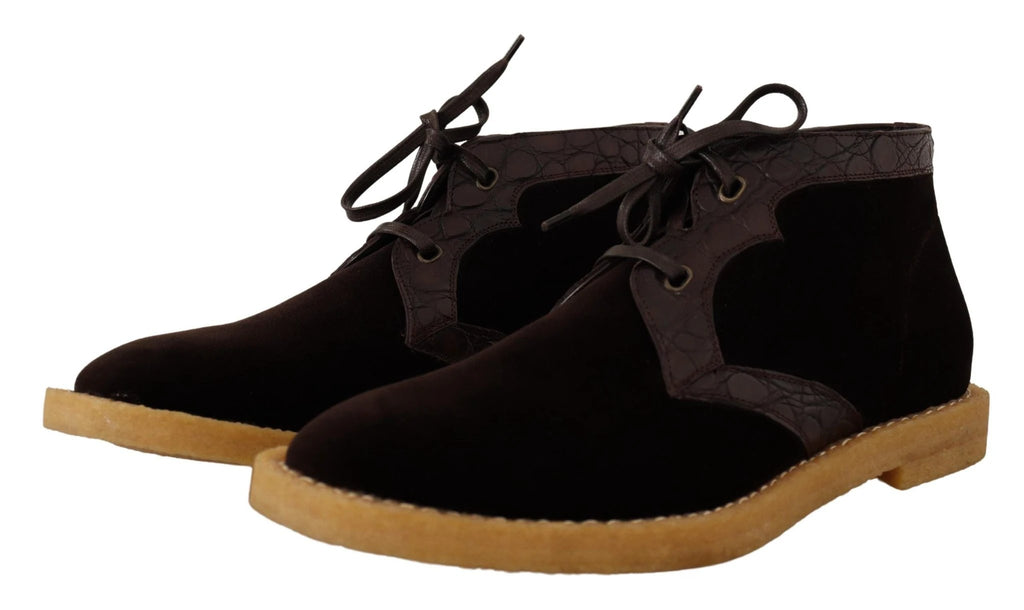Dolce & Gabbana Brown Velvet Exotic Leather Boots by Dolce & Gabbana