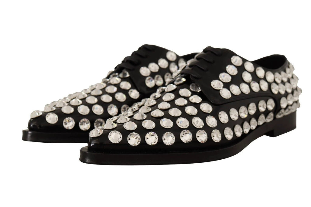 Dolce & Gabbana Black Leather Crystals Lace Up Formal Shoes by Dolce & Gabbana