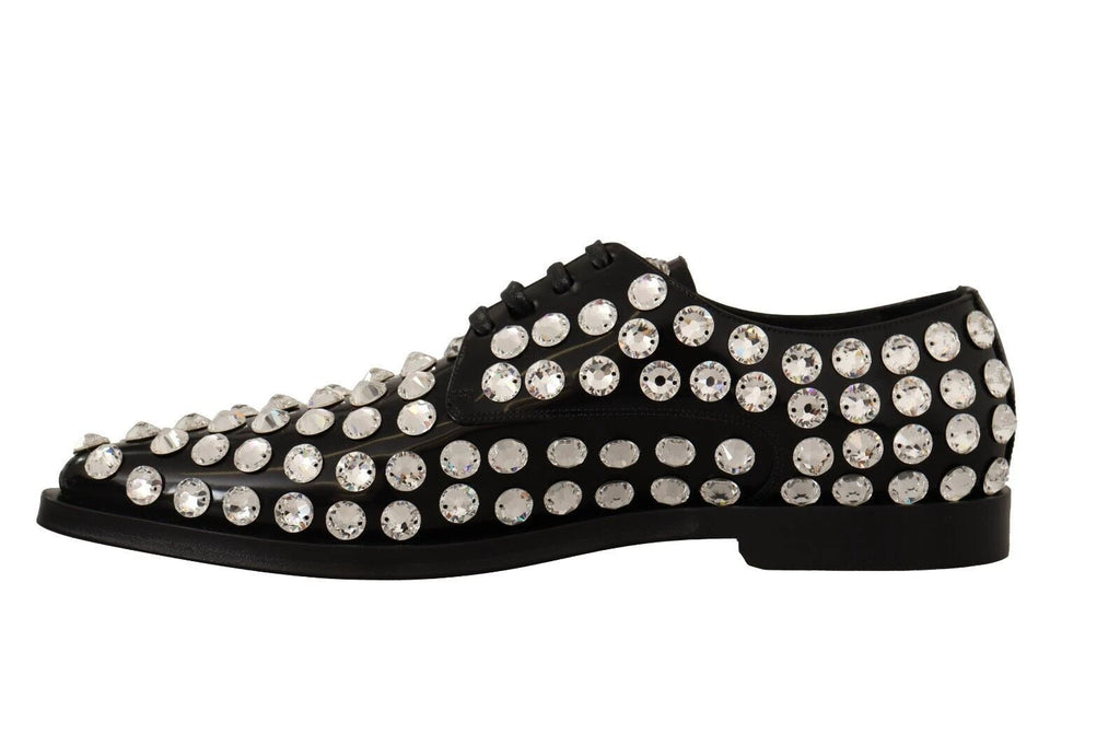 Dolce & Gabbana Black Leather Crystals Lace Up Formal Shoes by Dolce & Gabbana
