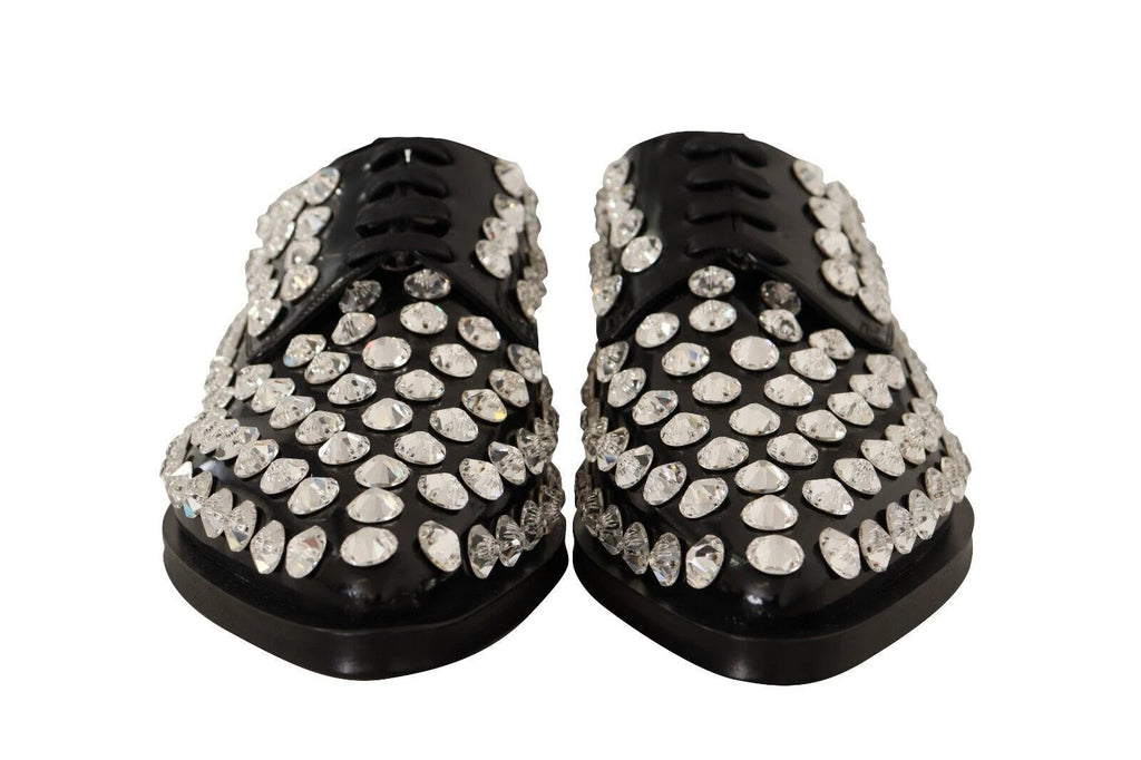 Dolce & Gabbana Black Leather Crystals Lace Up Formal Shoes by Dolce & Gabbana