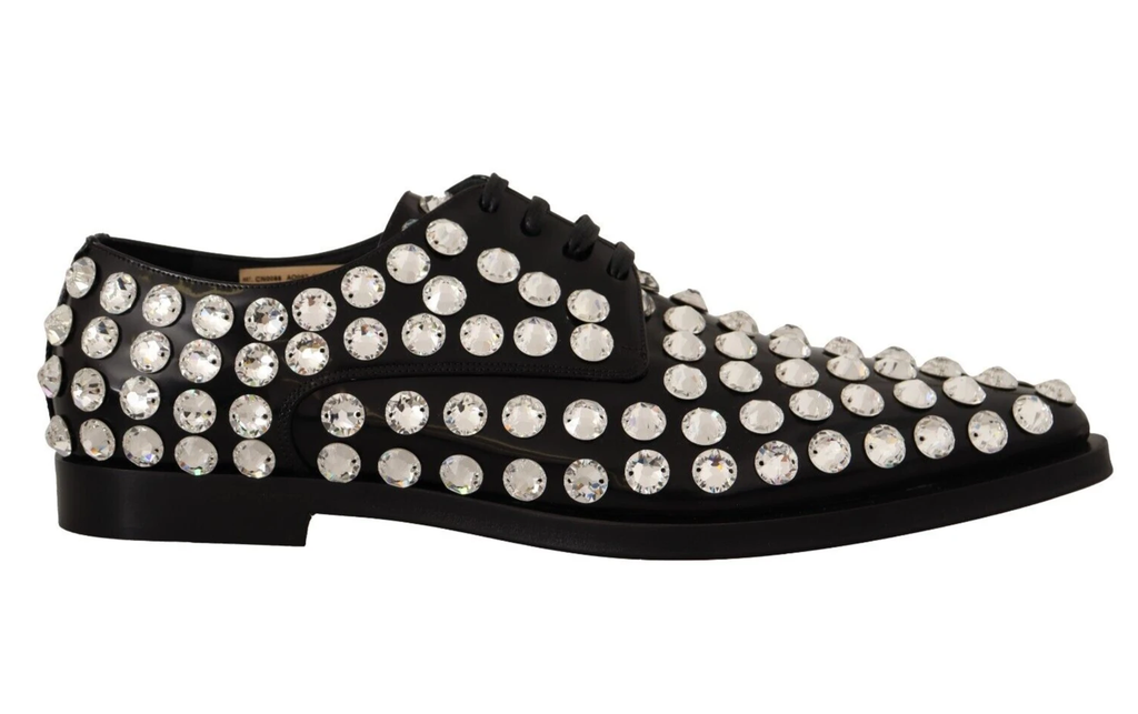 Dolce & Gabbana Black Leather Crystals Lace Up Formal Shoes by Dolce & Gabbana