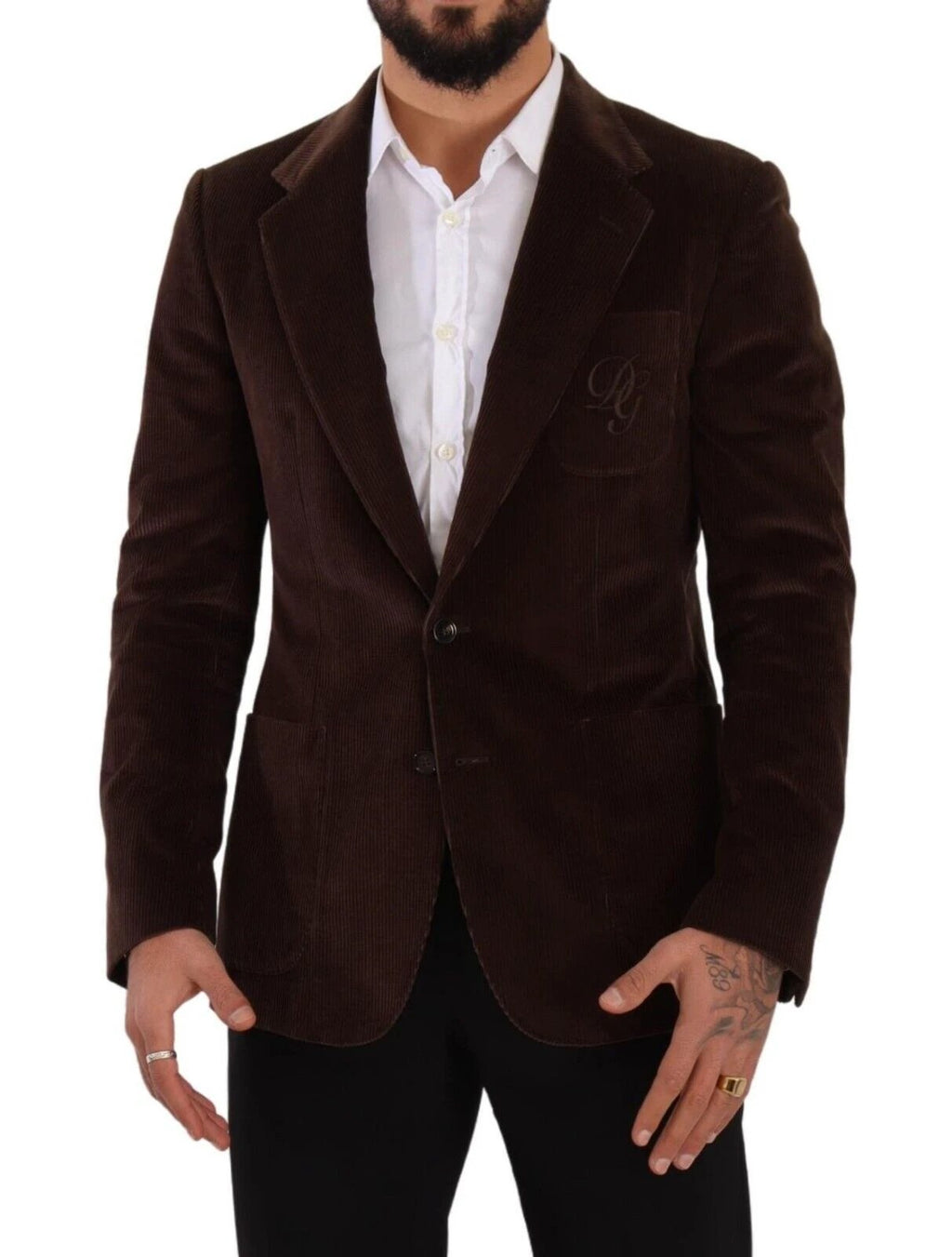 Dolce & Gabbana Brown Corduroy Slim Fit Coat DG Logo Blazer by Dolce & Gabbana