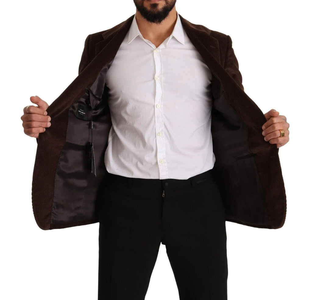 Dolce & Gabbana Brown Corduroy Slim Fit Coat DG Logo Blazer by Dolce & Gabbana
