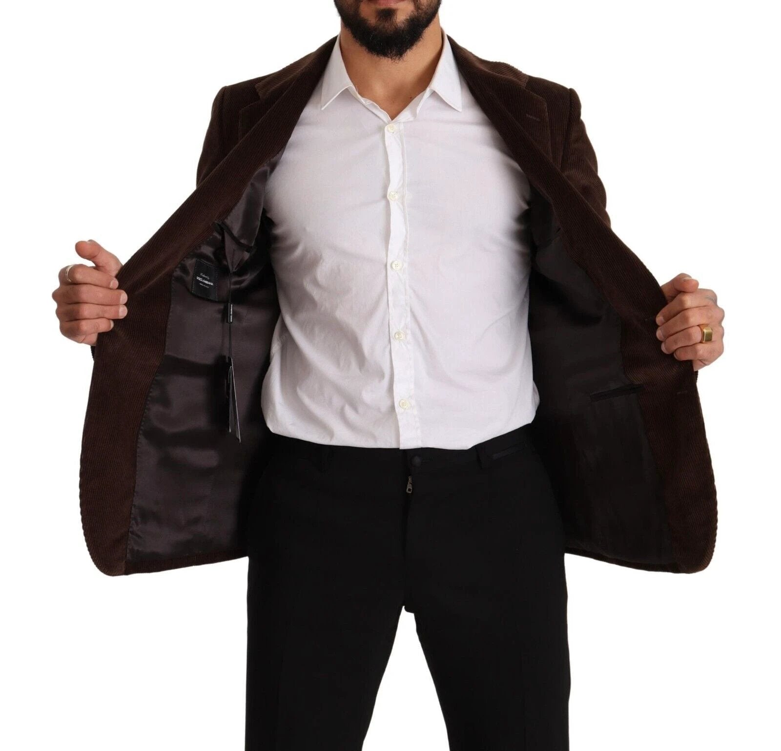 Dolce & Gabbana Brown Corduroy Slim Fit Coat DG Logo Blazer by Dolce & Gabbana