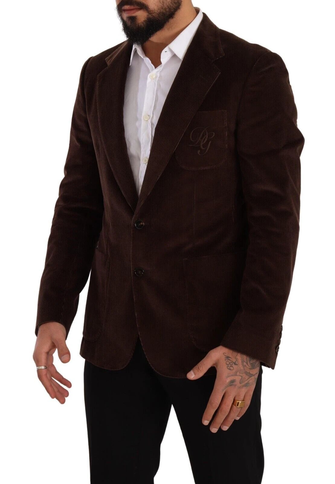 Dolce & Gabbana Brown Corduroy Slim Fit Coat DG Logo Blazer by Dolce & Gabbana