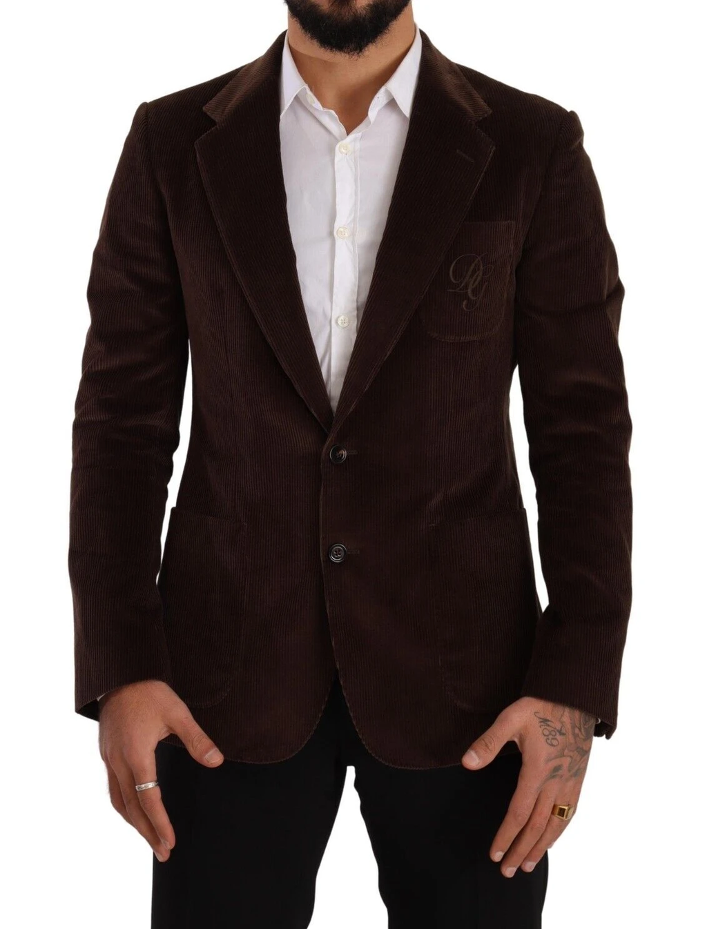 Dolce & Gabbana Brown Corduroy Slim Fit Coat DG Logo Blazer by Dolce & Gabbana