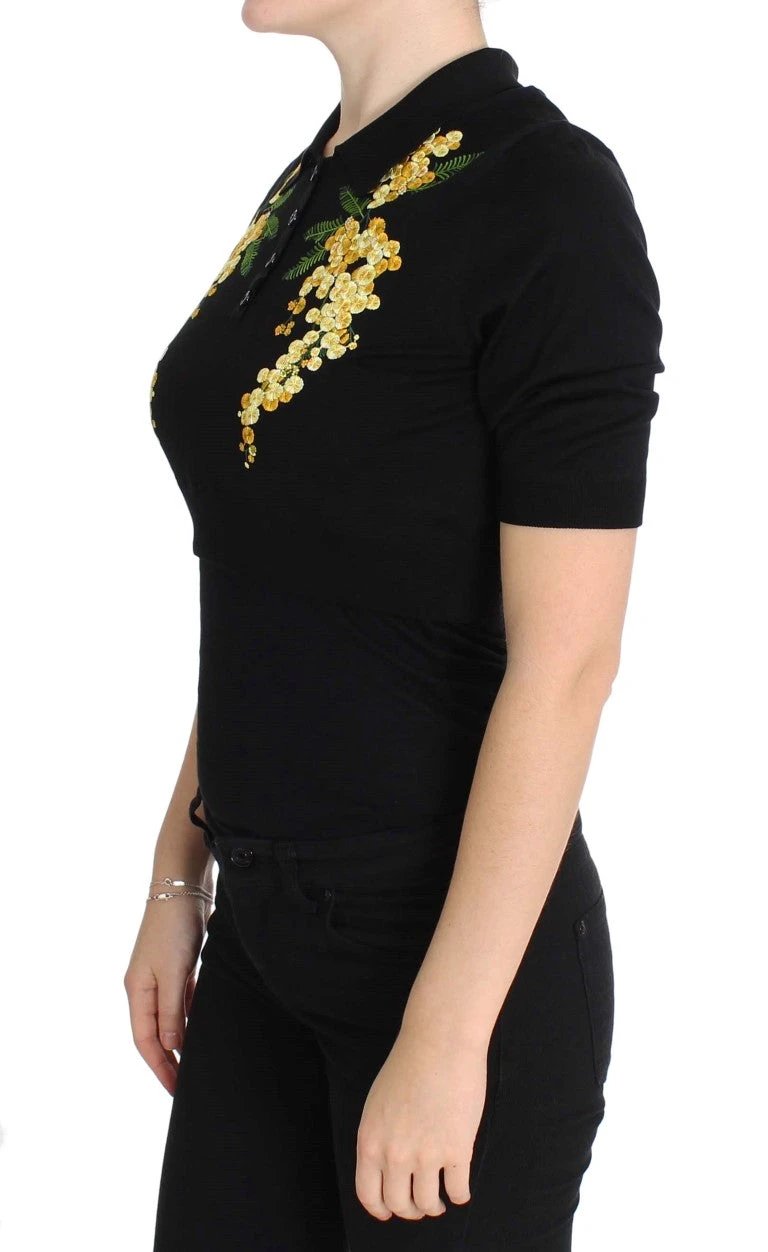 Dolce & Gabbana Black Silk Floral Embroidered Polo Top by Dolce & Gabbana