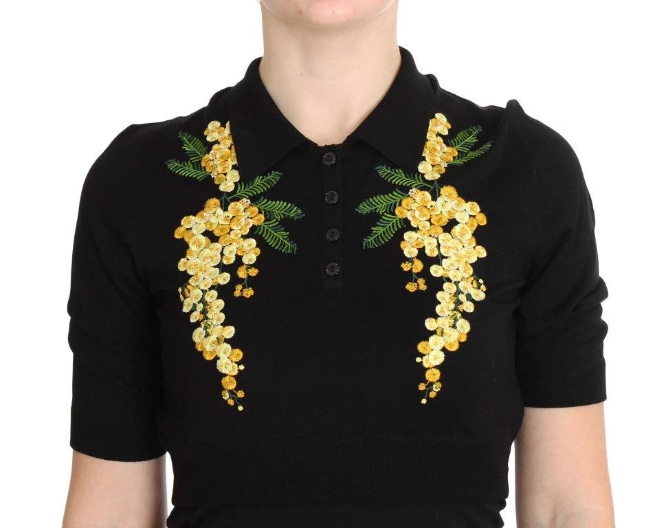 Dolce & Gabbana Black Silk Floral Embroidered Polo Top by Dolce & Gabbana