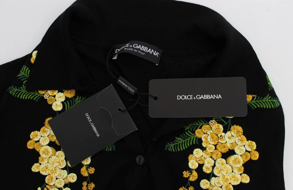 Dolce & Gabbana Black Silk Floral Embroidered Polo Top by Dolce & Gabbana