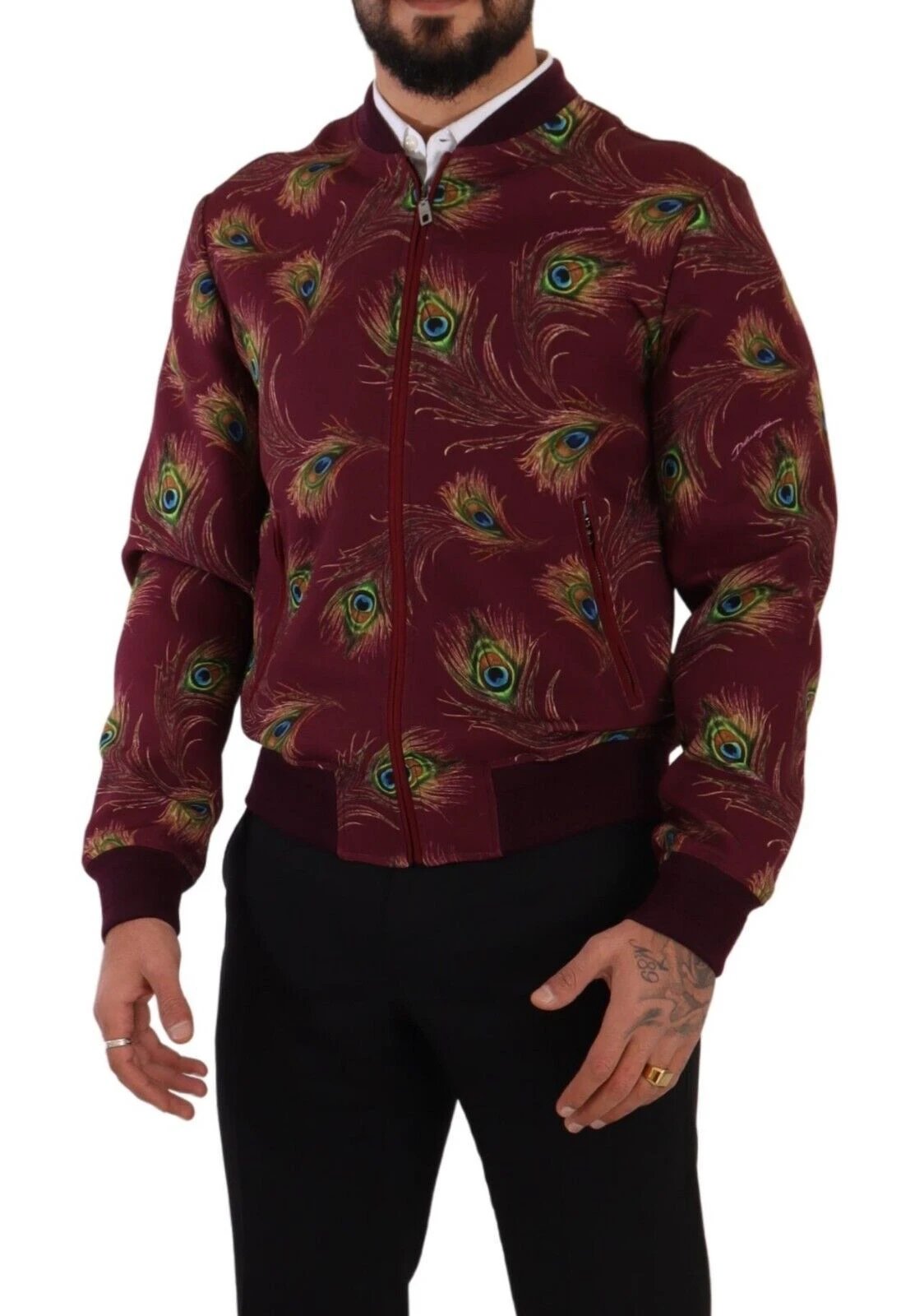 Dolce & Gabbana Red Peacock Polyester Stretch Full Zip Jacket by Dolce & Gabbana