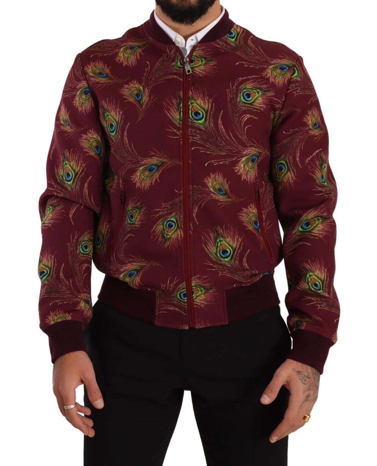Dolce & Gabbana Red Peacock Polyester Stretch Full Zip Jacket by Dolce & Gabbana