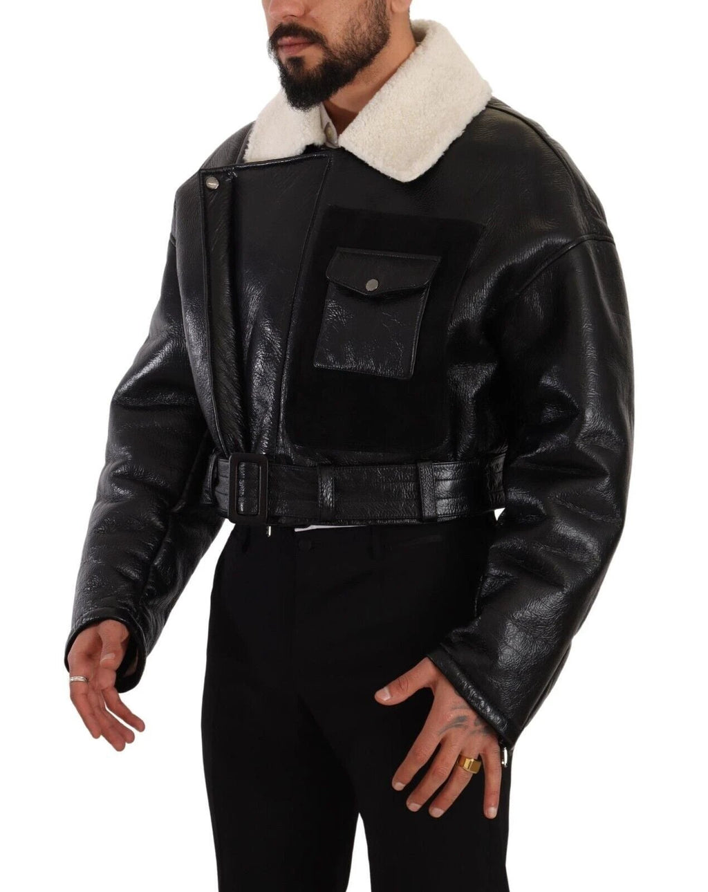 Dolce & Gabbana Black Leather Shearling Biker Coat Jacket by Dolce & Gabbana